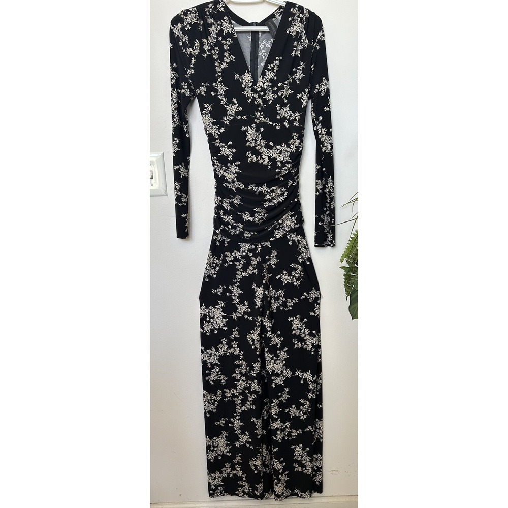 Norma Kamali Black Floral Jumpsuit Women's Ruchedβ Drop Waist Stretch Work Sz XS